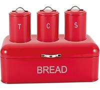 UNIQUE CRAFTS 3-Piece Bread Bin Set | Stainless Steel Kitchen Storage Containers for Tea, Coffee, and Sugar | Stylish Bread Box with Lids | Modern Storage Solutions | Durable Metal Design (RED)