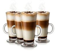 UNIQUE CRAFTS Latte Mugs Set of 4, 270ml Glass Cappuccino Cups with Handle | Footed Irish coffee style, hot chocolate, tea & iced drinks, thick base, layered drinks, ice cream & dessert serving