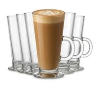 UNIQUE CRAFTS Tall Glass Coffee Mugs Set of 6, 270ml Latte Cups with Handle | Footed cafe style, hot chocolate, cappuccino, tea, milk & juice, ice cream sundae, thick base, gift for coffee lovers