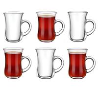 UNIQUE CRAFTS Turkish Tea Glasses Set of 6 - Latte Cappuccino Tea Cups with Handle - 145 ml Footed Glass Coffee Mugs for Hot Cold Beverages Drinks