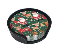 Unique Custom Coasters Set of 6 - Personalized Drink Coasters with Holder, Perfect for Home Bar Decor and Coffee Table Decor, Made from Microfiber PU Leather SantaReindeerJoy