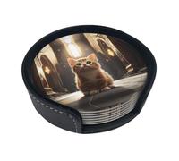 Unique Custom Coasters Set of 6 - Personalized Drink Coasters with Holder, Perfect for Home Bar Decor and Coffee Table Decor, Made from Microfiber PU Leather A cute little cat