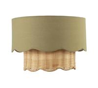 Unique Dark Olive Linen Fabric and Natural Rattan Scallop Ceiling Pendant Lamp Shade | 21cm x 30cm | Vintage Sleek Double Tier Design by Happy Homewares