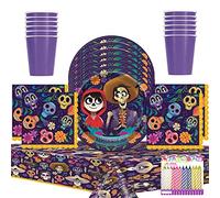 Unique Disney Coco Party Supplies Pack Serves 16: 9" Plates Luncheon Napkins Cups and Table Cover with Birthday Candles (Bundle for 16)