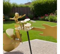 Unique Drummer Windmill Garden for sculpture - Hand Welded Metal Yard Art for Music Lovers - Dynamic Patio Decor Golden Finish 8.6x9.8in