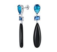Unique Geometric Linear Black Onyx Elongated Flat Teardrop Rectangle Multi Shape Blue CZ & 3 Multi-Tier Natural Gemstone Party Dangling Earrings for Women in Silver Plated