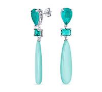Unique Geometric Linear Blue Turquoise Elongated Flat Teardrop Rectangle Multi Shape Aqua CZ & 3 Multi-Tier Natural Gemstone Party Dangling Earrings for Women in Silver Plated