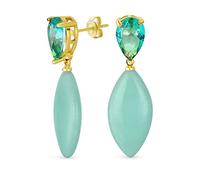 Unique Geometric Linear Green Amazonite Rhombus Teardrop Shape CZ & Natural Multi-Tier Gemstone Party Dangling Earrings for Women in Yellow Gold Plated