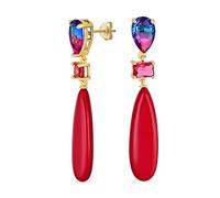 Unique Geometric Linear RED Turquoise Elongated Flat Teardrop Rectangle Multi Shape Rainbow Pink CZ & 3 Multi-Tier Natural Gemstone Party Dangling Earrings for Women in Silver Plated