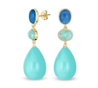Unique Geometric Multi Shape Oval & 3 Multi-Tier Dangling Natural Gemstone Blue Turquoise Teardrop Ball Party Earrings for Women in Yellow Gold Plated