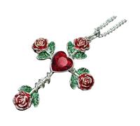 Unique Gothic Styles Necklace with Rose Crucifix and Heart Charm Medieval Themed Silver Tone Chain Jewelry for Women Men Historical Inspired Jewelry