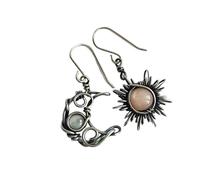 Unique Handmade Antique Boho Silver Sun & Moon Hook Earrings Celestial Charm Healing Crystal Mismatched Moonstone Earrings (1 Pair)