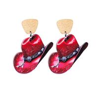 Unique Handmade Wood Boho Western Cow Fedora Hat Earrings Country Concert Wooden Cowgirl Hat Drop Preppy Earrings for Women Friends Gift Jewelry Party Decor, Acrylic, No Gemstone
