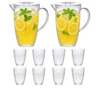 UNIQUE HOME LIVING 2 Litre Acrylic Pitchers Jug with Lid, Iced Tea Juice Cocktail Drinks Pitcher Beverage Jug, Water Carafe 2 Jugs with 8 Cups Set, BPA-Free, Clear - Dimples Design