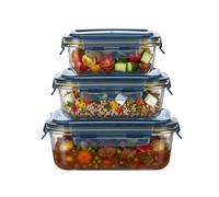 UNIQUE HOME LIVING 3Pc Borosilicate Glass Food Container Set with Plastic Airtight Snap Lid, Rectangular Leakproof Meal Prep Boxes, Stackable Sizes 370ml 640ml 1000ml, Microwave & Dishwasher Safe