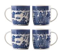 UNIQUE HOME LIVING Blue Willow Barrel Mugs Set of 4, 340ml Bone China Coffee Mug Oriental Style Coffee Cups with Handle for Milk Tea Hot Cocoa (9 x 8.5cm)