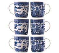 UNIQUE HOME LIVING Blue Willow Barrel Mugs Set of 6, 340ml Bone China Coffee Mug Oriental Style Coffee Cups with Handle for Milk Tea Hot Cocoa (9 x 8.5cm)