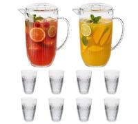UNIQUE HOME LIVING Clear Acrylic Pitcher 2 Litre Water Jug with Lid, BPA-Free, 2 Juice Jugs with 8 Cups Set for Iced Tea, Lemonade, Cocktails, Cold Beverage Carafe for Fridge - Ribbed Design