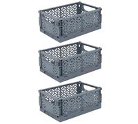 UNIQUE HOME LIVING Collapsible Crates Storage Boxes Set of 3 Foldable Storage Baskets, Grey Plastic Folding Crate Boxes for Kitchen, Living Room, Office - 25x16.5x10cm