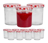 UNIQUE HOME LIVING Glass Jam Jars Set of 12, Wide Mouth 300ml Glass Preserve Jar with Screw Top Red Gingham Lids, Airtight Jars for Homemade Jam, Pickles, Marmalade, Chutneys, Honey Jar