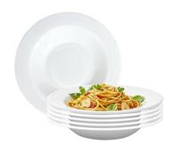 UNIQUE HOME LIVING Pasta Plate Set of 6, 22cm White Zenix Glass Round Deep Plates for Pasta Soup Salad, Dinner Party Food Serving Dishes, Lightweight & Durable, Stackable, Dishwasher Safe