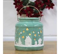 UNIQUE HOME LIVING Tealight Holder, 15cm Teal Porcelain Lantern Tea Light Candle Holder with Handle, Votive Candle Stand Christmas Decoration for Table Centrepiece Indoor, Outdoor Home Decor