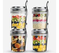 Unique Impression 4-Pack Glass Breakfast Jars with Airtight Stainless Steel Leakproof Lids & Spoons - BPA-Free Mason Jars for Overnight Oats, Yogurt, Smoothies, Porridge & Healthy On-the-Go Snacks