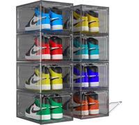 Unique Impression 8 Pack Grey Stackable Shoe Storage Boxes - Plastic Trainer Storage Boxes - Transparent Shoe Display Containers - Fits Up To UK 12.5 Size Men’s