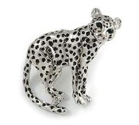 Unique Leopard Brooch In Silver Tone Metal with Black Spots - 42mm Across