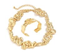 Unique Melting Chunky Liquid Dripping Metal Collar Necklace and Bracelet for Women Men Unisex,Thick Geometric Metallic Abstract Statement Fashion Chain Necklace Cool Punk Cuff Choker Jewelry Set