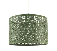 Unique Moroccan Designed Olive Green Metal Circular Pendant Light Shade with Floral Decor | 30cm Diameter | Maximum 11watt LED Allowed by Happy Homewares