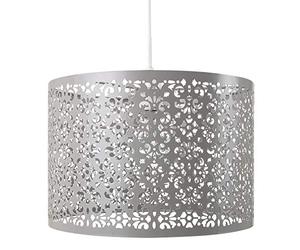 Unique Moroccan Designed Soft Grey Metal Circular Pendant Light Shade with Floral Decor, 29cm Diameter and Maximum 60watt Bulb Allowed by Happy Homewares