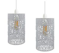 Industrial Metal Bulb Guard Drum Shaped Lampshades for Ceiling Pendant Lights, Indoor Easy Fit Wire Cages for Kitchen, Hallways (White 2 Pack)