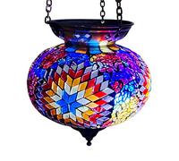 Unique Moroccan Mosaic Hanging Candle Holder Lantern - Bronze Effect, Multicoloured Handmade Glass (LAMP 12)