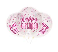 Unique Pack Of 6 12" Clear Printed Glitz "happy Birthday" Balloons With Confetti, Pink & Silver