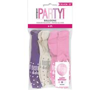 Unique Pack Of 6 12" Glitz Petal Pink, Spring Lavender, & White Latex Balloons "happy Birthday"