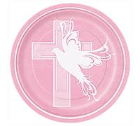Unique Party 29884 - 18cm Pink Dove Cross Paper Christening Plates, Pack of 8