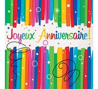 Unique Party 56902 - Rainbow Ribbons Joyeux Anniversaire Paper Napkins, Pack of 16