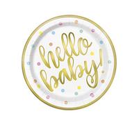 Unique Party 73525 - Foil "Hello Baby" Gold Baby Shower Paper Plates, Pack of 8