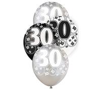 Unique Party 80894 - 12" Latex Glitz Black and Silver 30th Birthday Balloons, Pack of 6