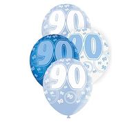 Unique Party 80923 - 12" Latex Glitz Blue 90th Birthday Balloons, Pack of 6