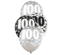 Unique Party 80926 - 12" Latex Glitz Black and Silver 100th Birthday Balloons, Pack of 6