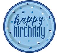 Unique Party 83597 Blue Birthday Round Dinner Plates, 9" Disposable | 8 Pcs, Happy, 8 Count (Pack of 1)