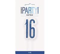 Unique 83877 Blue Glittery 16th Birthday Pick Candle 1 Pc, Age 16