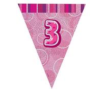 Unique Party 92123 - 9ft Foil Glitz Pink Happy 3rd Birthday Bunting Flags