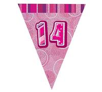 Unique Party 92134 - 9ft Foil Glitz Pink Happy 14th Birthday Bunting Flags