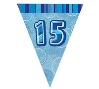 Unique Party 92155 - 9ft Foil Glitz Blue Happy 15th Birthday Bunting Flags