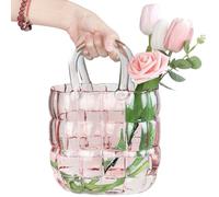 Unique Pink Purse Vase for Flowers,11'' Handmade Thicken Bubbled Glass Bag Vases with Gradient Color for Home Decors .Great Clear Purse Flower Vase for Centerpiece,Floral Arrangement,Wedding Decors.