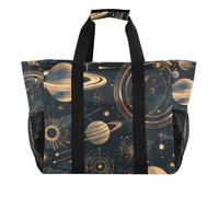 Unique Planet Stars Black and Gold Simple Line Utility Tote Bag Foldable With Pockets Canvas Beach Bags, unique planet stars black and gold simple line, One Size, Fashion