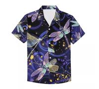 Unique Printed Funky Hawaiian Shirt Men Short Sleeve Shirt Top Blouse for Summer, Cute Dark Purple Dragonfly, XXXXXL